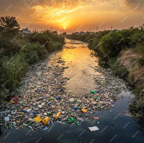 A river filled with plastic waste showing the impact of …