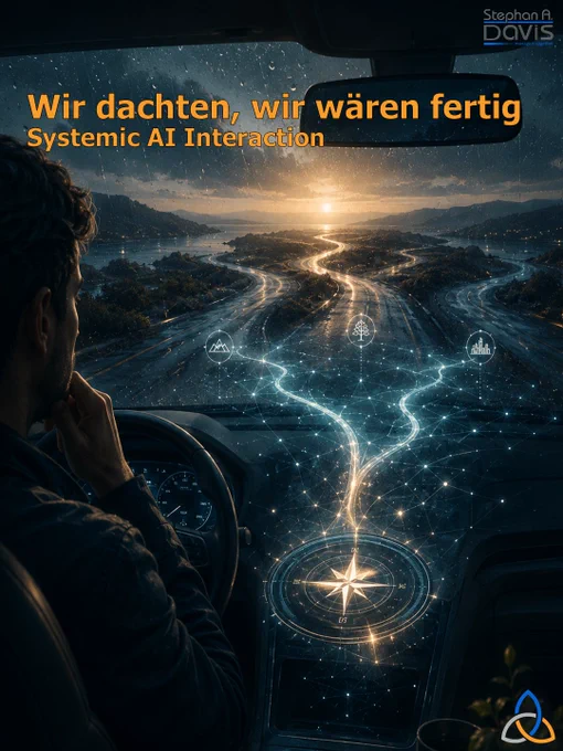 Symbolisches Hochformat-Bild zum Thema „Systemic AI Interaction“. Eine nachdenkliche Person sitzt am Steuer eines Autos und blickt durch eine regennasse Windschutzscheibe auf eine weite, verzweigte Straße in einer dunklen Landschaft. Am Horizont bricht warmes Sonnenlicht durch Wolken und Regen, während mehrere mögliche Wege sichtbar werden. Im Fahrzeuginneren liegt ein leuchtender digitaler Kompass, von dem aus feine Lichtlinien, Netzwerke und Pfade nach außen führen. Die Szene verbindet Navigation, Orientierung, Entscheidung und systemische Perspektiven. Oben steht der Titel „Wir dachten, wir wären fertig“ mit dem Untertitel „Systemic AI Interaction“. Das Bild wirkt atmosphärisch, reflektierend und zukunftsorientiert und visualisiert die Frage, wie KI nicht nur schneller Antworten liefert, sondern menschliche Verantwortung, Klarheit und bewusste Orientierung unterstützt.