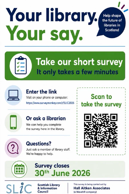 The poster for the 'Your Library, Your Say' survey by Scottish Library and Information Council.
