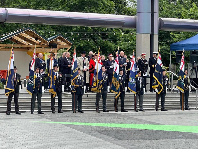 Members of the Royal Naval Association stood with Salford Ceremonial Mayor Councillor Robin Garrido and Salford City Mayor Paul Dennett along with other guests and key figures 