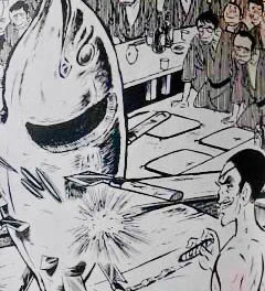 原作：牛次郎／漫画：ビッグ錠『包丁人味平』より
「無法板の練二」こと鹿沢練二が、マグロに包丁と爆薬を刺し、葉巻で引火、不敵な笑みを浮かべ爆発を待つ場面。場所は宴会場で、浴衣姿の客が大勢いる。危険である。