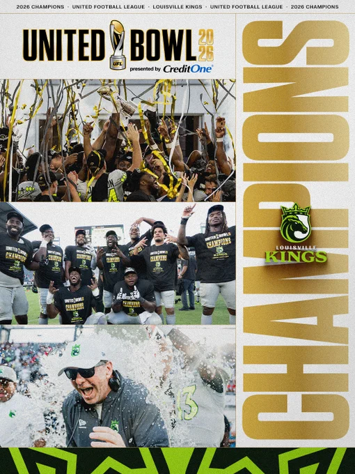 The Louisville Kings celebrate their United Bowl 2026 championship victory. The team's enthusiasm is captured through group photos and festive imagery, featuring confetti and joyful expressions.