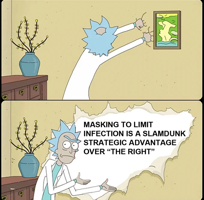 Old man scientist rips away wallpaper to reveal writing on the walls: Masking to limit infection is a slam dunk strategic advantage over "the right"