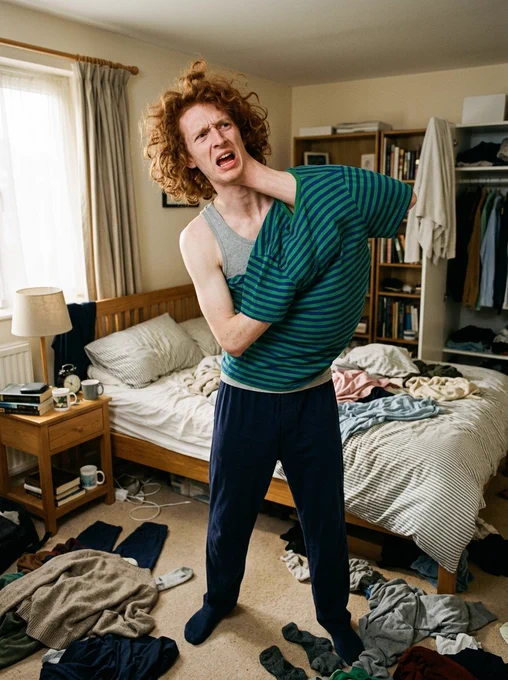 A 3:4 of a goofy skinny person with a long neck and curly red hair trying to get dressed in the morning. Their neck is stuck in the arn hole of a stripped green and blue t-shirt,