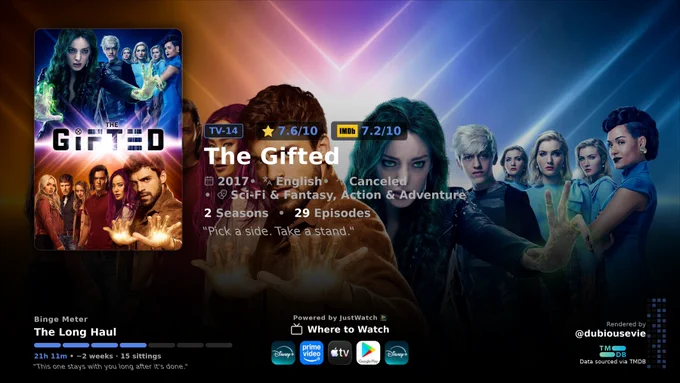 Info card for: The Gifted (2017)

A suburban couple's ordinary lives are rocked by the sudden discovery that their children possess mutant powers. Forced to go on the run from a hostile government, the family joins up with an underground network of mutants and must fight to survive.

Language: English
