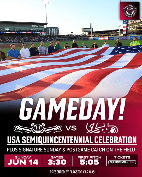 A promotional poster for a baseball game featuring USA Semiquincentennial celebrations. Includes game time and ticket information.