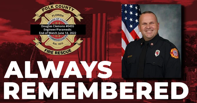 Red tinted background with two towers with their ladders up holding an American flag. PCFR logo with a black box over it containing the following text:  Douglas Clemons #0455 Engineer/Paramedic End of Watch June 14, 2022.
A headshot of Doug Clemons and the words Always Remembered at the bottom of the graphic.