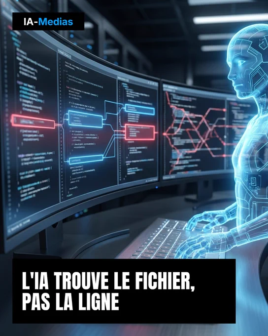 Illustration fictive montrant un humanoïde translucide et lumineux, aux contours bleutés, tapant sur un clavier d'ordinateur. Le buste de l'humanoïde est visible de profil, face à trois écrans d'ordinateur incurvés affichant du code informatique et des schémas de connexions lumineuses, avec des zones en rouge et bleu. L'arrière-plan est un environnement sombre de salle de serveurs. La lumière est artificielle et dramatique, accentuant les éléments lumineux des écrans et de l'humanoïde. Le visuel accompagne une actualité IA-Medias sur les agents de codage et leurs capacités de recherche de code. Le titre affiché indique : « L'IA TROUVE LE FICHIER, PAS LA LIGNE ».