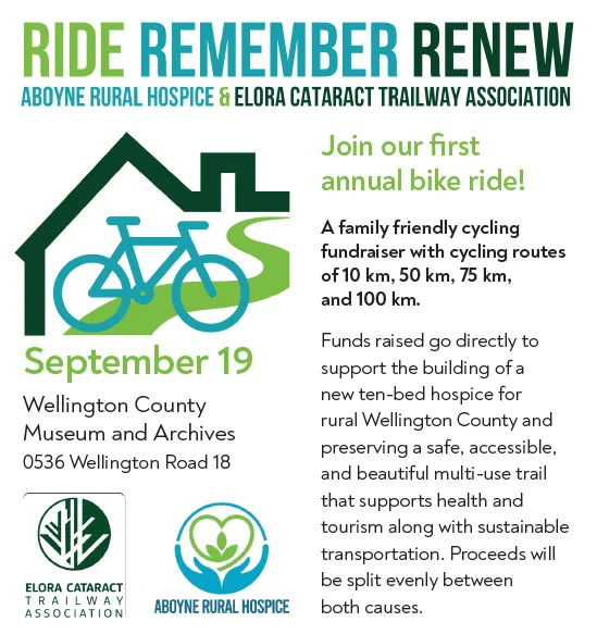 Poster for a family-friendly bike ride fundraiser on September 19 supporting the Aboyne Rural Hospice and Elora Cataract Trailway. 