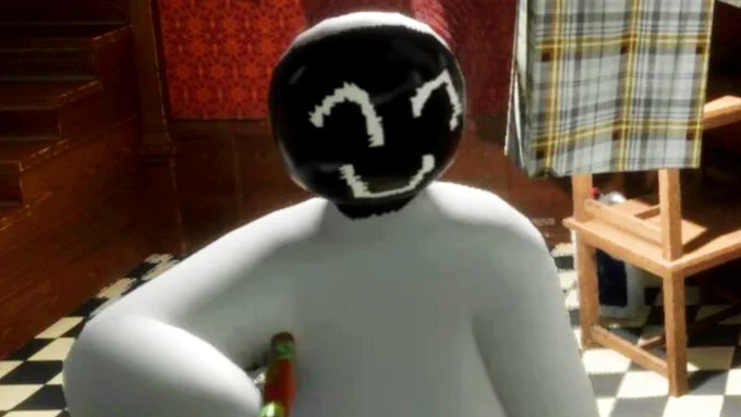 Meccha Chameleon - A simple white humanoid figure with a smiley face painted on their head.