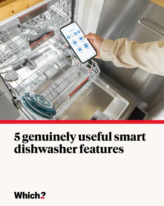 An individual holds a smartphone displaying an app interface in front of an open dishwasher with dishes inside. The image includes text: "5 genuinely useful smart dishwasher features" and the "Which?" logo at the bottom.