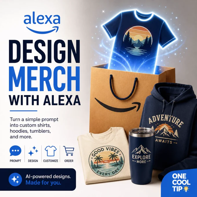 👕 Make Custom Merch With Alexa 

🛍️  AI merch just got easier. Amazon now lets U.S. customers design custom shirts, hoodies, tumblers, and more with Alexa for Shopping. Here’s how it works and who should use it. 

#AlexaForShopping #AmazonShopping #PrintOnDemand #AIMerch #CustomMerch #CreatorTools  @amazon @amazonnews #TechTips

https://www.onecooltip.com/2026/06/create-custom-merch-fast-with-alexa-for.html