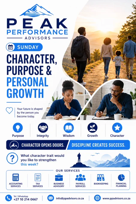 "Your greatest asset is not your money, your qualifications, or your position. It is your character."*

As we begin a new week, take a moment to reflect on the person you are becoming.

Success is not only measured by what we achieve. It is also measured by the values we uphold, the lives we impact, and the discipline we maintain when no one is watching.

Whether you are a student, employee, entrepreneur, professional, or business owner, your character will often open more doors than your qualifications.

Key Focus Areas:

✔ Integrity and honesty

✔ Personal responsibility

✔ Respect and humility

✔ Self-discipline and consistency

✔ Positive attitude and resilience

✔ Continuous personal growth

Skills may create opportunities, but character determines how far those opportunities take you.

