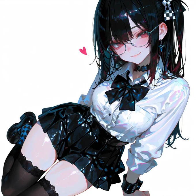アーバン・ノワール（スモーキーブルー×グロッシーブラック）
Cute Japanese summer uniform style,
gothic noir,
(smoky steel blue button-up shirt, short puff sleeves with sharp black cuffs),
(wing collar with delicate black mini-frills),
(large black satin bowtie ribbon),
high-waisted pleated A-line skirt,
solid jet-black matte fabric,
realistic fabric folds,
(black leather school bag),
(black lace-trimmed crew socks),
(black leather platform loafers),
silver buckles, 
