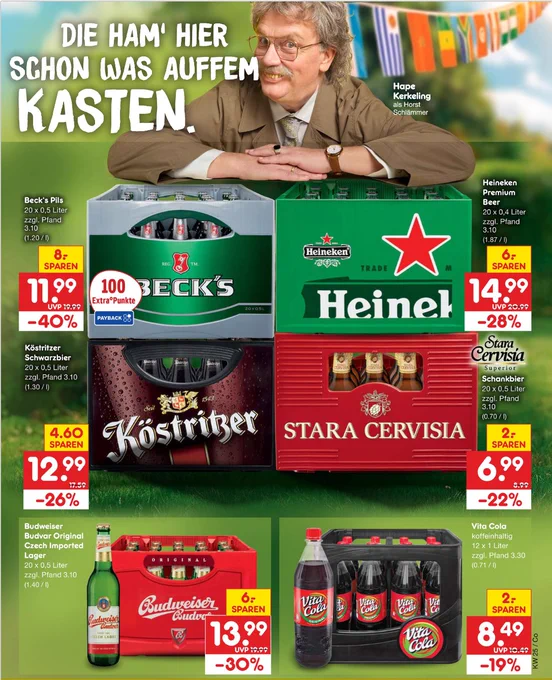 Fundstück aus dem Netto-Werbeprospekt: Hape Kerkeling als Horst Schlemmer macht Werbung für Bier. Über den verschiedenen Bierkästen und deren Preisen steht der Spruch: „Die ham’ hier schon was auffem Kasten.“