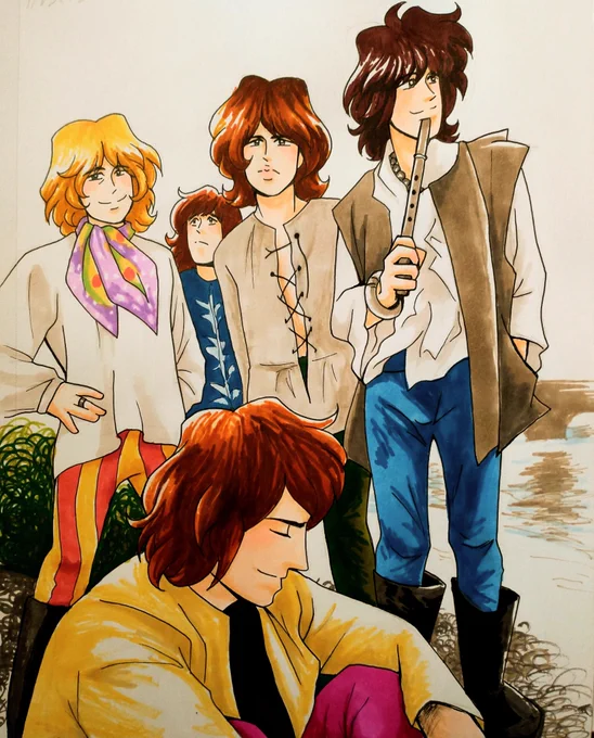 Retro anime-style artwork of the Rolling Stones, drawn by Genesee.