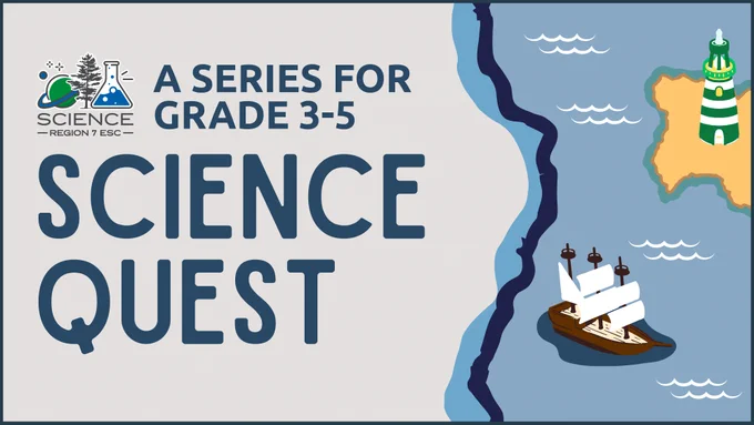 The image depicts a series of Science Quest lessons for grades 3-5, with an illustration of a ship sailing on a body of water against a backdrop of clouds.