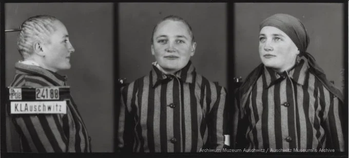 A mugshot registration photograph from Auschwitz. A woman wearing a striped uniform photographed in three positions (profile and front with a bare head and a photo with a slightly turned head with a headscarf on). The prisoner number is visible on a marking board on the left.