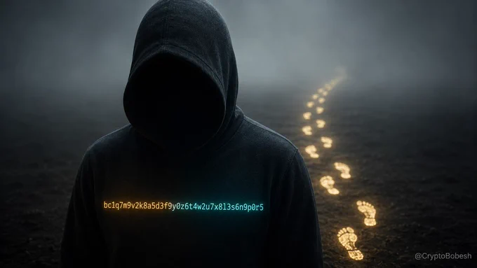 A hooded figure with a hidden face looks anonymous, yet a glowing wallet address across their chest and a clear trail of footprints reveal the point: on most blockchains you are pseudonymous, not anonymous, and your activity can be linked and followed.