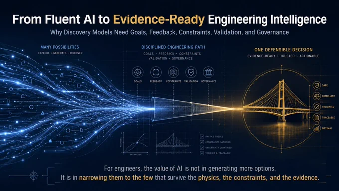 🔔 Why Discovery Models Need Goals, Feedback, Constraints, Validation, and Governance

https://www.linkedin.com/pulse/from-fluent-ai-evidence-ready-engineering-cuneyt-ozturk-807ve

➡️ Engineering intelligence begins where fluent generation ends.

▪️ In high-consequence engineering, an AI-generated option must survive physical behaviour, load conditions, thermal effects, fatigue, corrosion, manufacturability, cost, regulation, lifecycle evidence, safety requirements, and accountable human judgement.

➡️ Generative AI gives engineers more options than ever.

▪️ But more options was never the engineering problem.

▪️ The real value is knowing which few possibilities survive the physics, the constraints, and the evidence.

➡️ In engineering discovery, fluent outputs are only useful when they can become validated, traceable, defensible decisions — decisions that can stand up to simulation, testing, lifecycle evidence, cost, safety, regulation, and accountable human judgement.

➡️ For engine