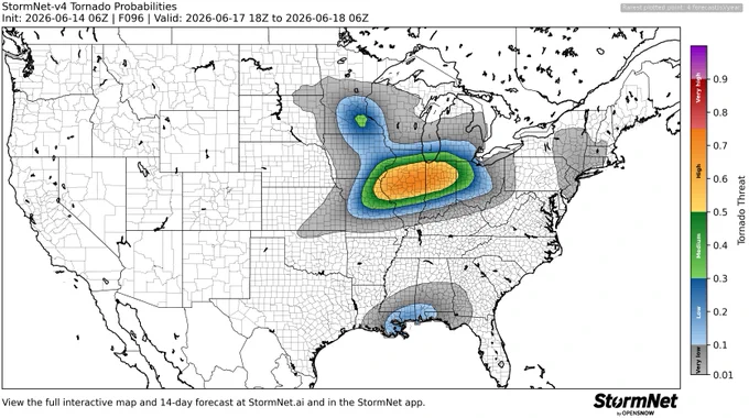 StormNet-v4 tornado probability map with a 74% maximum 12-hour risk from 2026-06-17 18Z to 2026-06-18 06Z. Model initialized 2026-06-14 06Z at forecast hour 096.