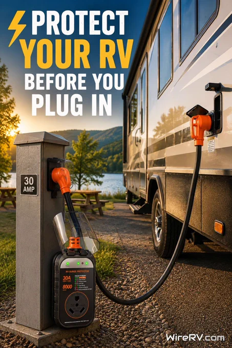 RV connected to campground power through a 30-amp surge protector at a campsite.