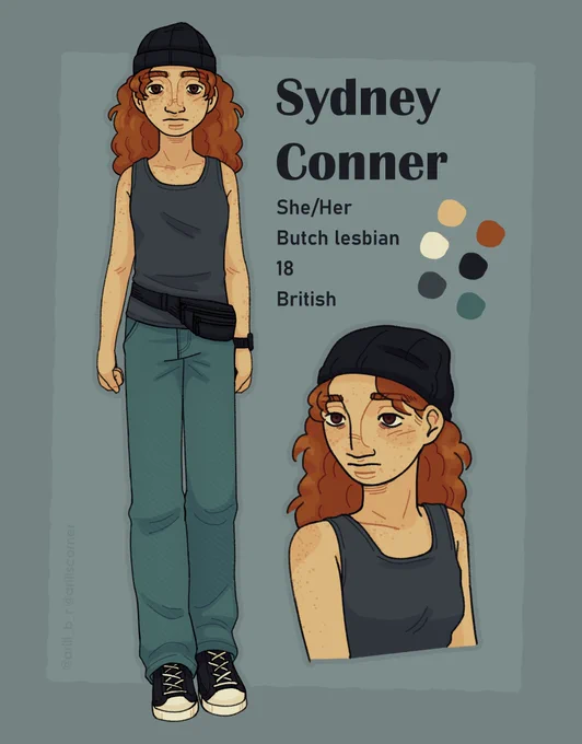 Simple reference sheet of my character Sydney Conner, including a full body, bust shot and basic info. She's a teenage girl with light freckled skin and long curly red hair. She wears a black beanie, grey tank top, black fanny pack, baggy jeans and black converse shoes. The info says her name and that she goes by she/her, is a butch lesbian, is 18, and is British.