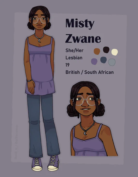 Simple reference sheet of my character Misty Zwane, including a full body, bust shot and basic info. She's a teenage girl with brown skin and black hair styled into locs and tied in two low buns. She wears glasses, a short purple dress, jeans, purple converse shoes, and some jewelry. The info says her name and that she goes by she/her, is a lesbian, is 19, and is British and South African.
