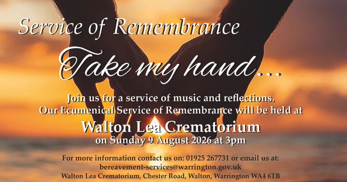 Hands holding over a sunset - a service of remembrance will be held at Walton Lea Crematorium on Sunday 9 August 2026 at 3pm
