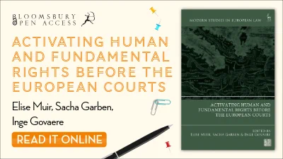Banner advertising the Bloomsbury Open Access book 'Activating Human and Fundamental Rights Before the European Courts'. The banner features a pen, push pins, a paper clip, and a button with the text "Read it online".