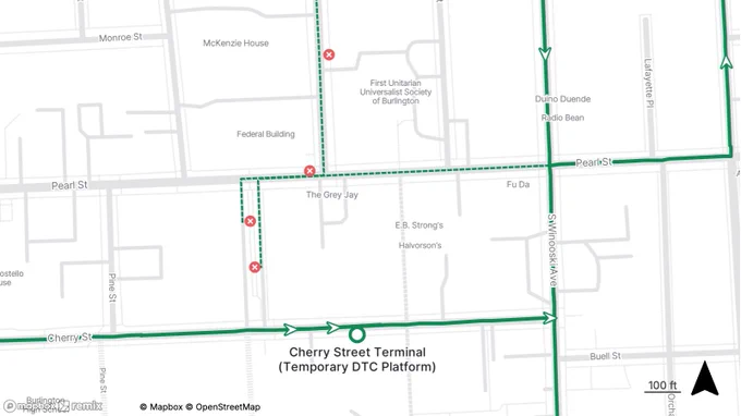 Detailed map of Cherry Street Terminal area with transit routes and street names such as Pearl St and Maplewood Ave.
