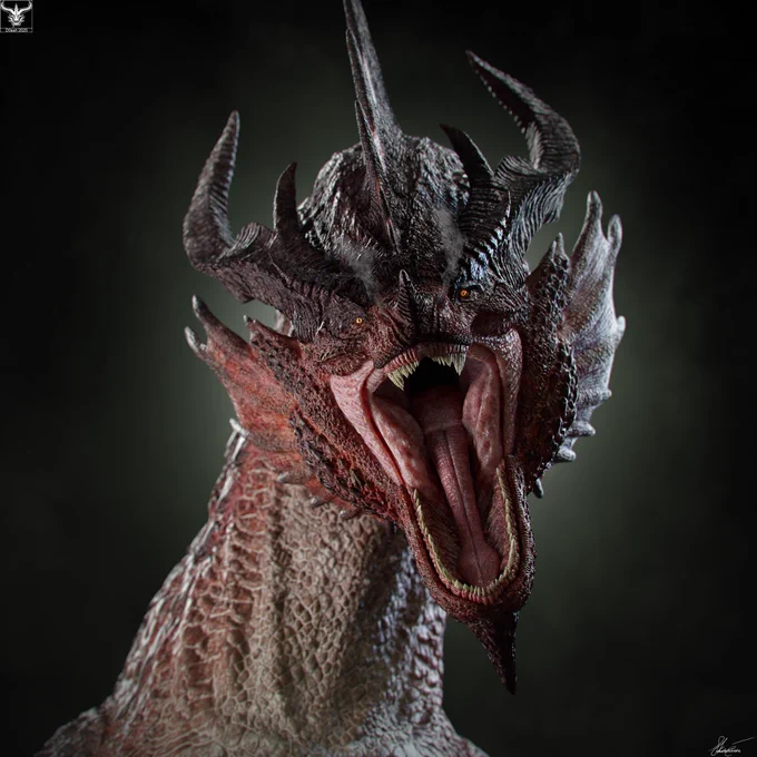A detailed 3D close-up render of a roaring red dragon with its mouth wide open, showing sharp teeth, tongue, and steam rising from its jaws against a dark background.