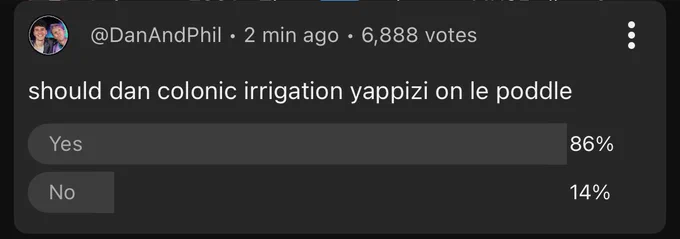 @danandphil • 6888 votes
should dan colonic irrigation yappizi on le poddle
yes - 86%
no - 14%