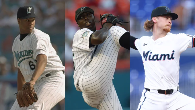 3-photo collage:
Left: Livan Hernandez begins to throw a pitch. He wears a white pinstriped Florida Marlins jersey and a black cap.
Center: Dontrelle Willis begins to throw a pitch. He wears a white pinstriped Florida Marlins jersey and a black cap.
Right: Max Meyer begins to throw a pitch. He wears a white Miami Marlins jersey and a black cap.