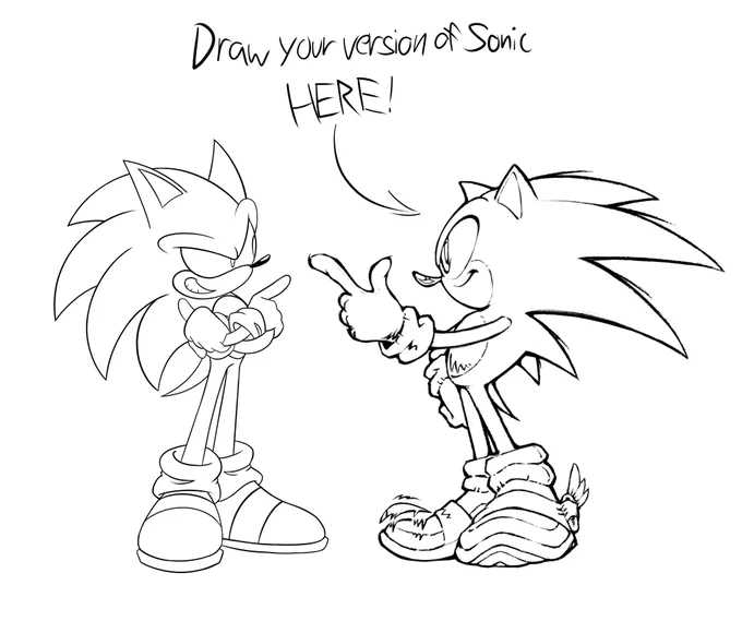 A drawing of my version of Sonic beside someone else's. From a challenge where you draw your own version of Sonic meeting one already drawn. 