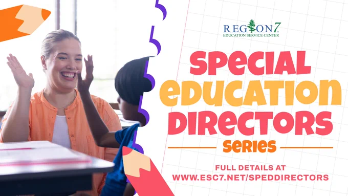 Smiling woman with orange shirt against backdrop of "Special Education Directors Series" banner with colored streaks.