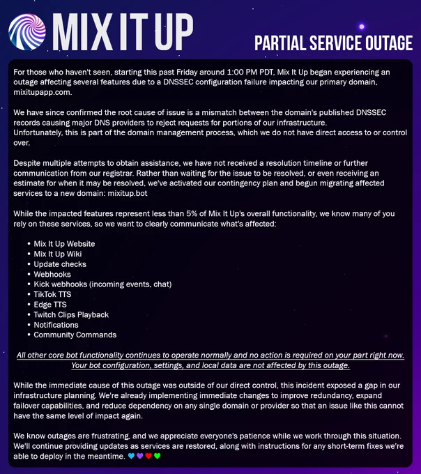 An announcement graphic from Mix It Up titled "PARTIAL SERVICE OUTAGE." The text summarizes that a DNSSEC configuration failure on mixitupapp.com has caused a partial outage affecting less than 5% of functionality, including the website, wiki, update checks, webhooks, and certain TTS/playback features. Because the registrar is unresponsive, the team is actively migrating affected infrastructure to a new domain: mixitup.bot. Core bot functionality, local settings, and user data remain completely unaffected.