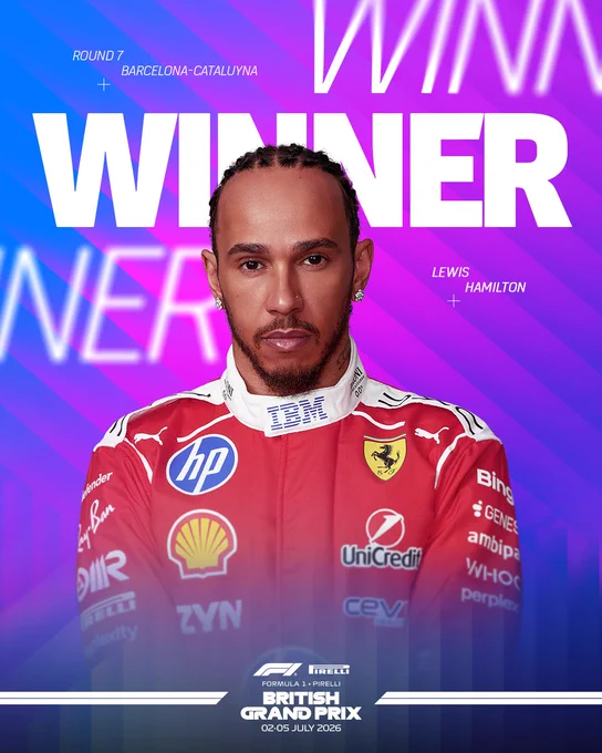 Formula 1 driver in a red Ferrari racing suit celebrating a win at the British Grand Prix with bold 'WINNER' text in the background.