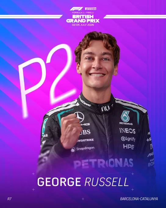 George Russell celebrating a P2 finish at the 2026 British Grand Prix in his Petronas Mercedes racing suit against a purple gradient background.