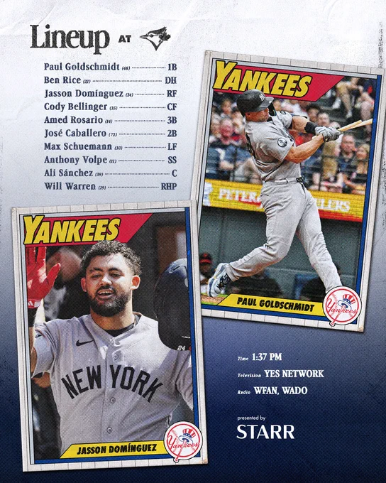 Yankees vs Toronto Blue Jays Lineup:

Paul Goldschmidt | 1B | 48
Ben Rice | DH | 22
Jasson Domínguez | RF | 24
Cody Bellinger | CF | 35
Amed Rosario | 3B | 14
José Caballero | 2B | 72
Max Schuemann | LF | 30
Anthony Volpe | SS | 11
Ali Sánchez | C | 39
Will Warren | RHP | 29

Time: 1:37 PM ET
TV: YES Network
Radio: WFAN 660 AM/101.9 FM, WADO 1280

Presented by Starr Insurance Companies

Photo of Paul Goldschmidt & Jasson Domínguez