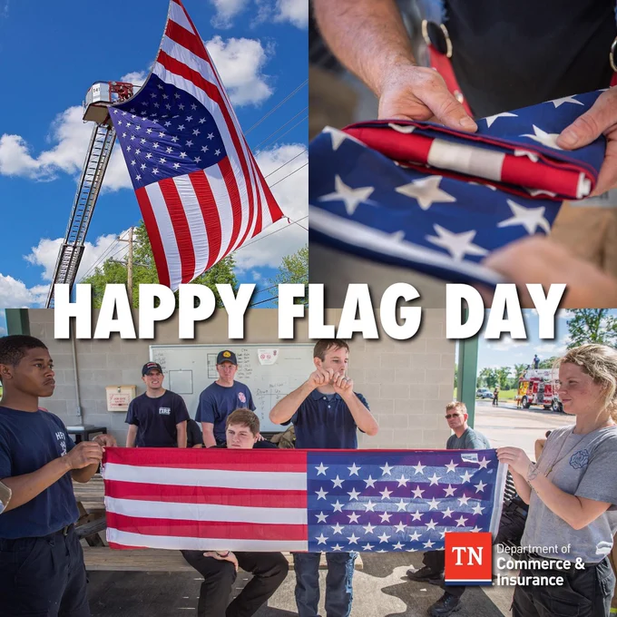 Firefighters with flags and text: Happy Flag Day
