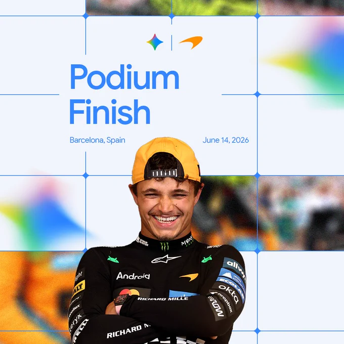 Graphic celebrating a McLaren Formula 1 podium finish, featuring a photo of a smiling Lando Norris with his arms crossed, wearing a black racing suit and a yellow cap turned backward. The background is a clean white grid with blue lines, interspersed with blurred, colorful racing imagery. At the top, the Google Gemini multi-colored spark icon sits next to the orange McLaren logo. Large blue text reads "Podium Finish," with "Barcelona, Spain" and "June 14, 2026" written below it in smaller font.