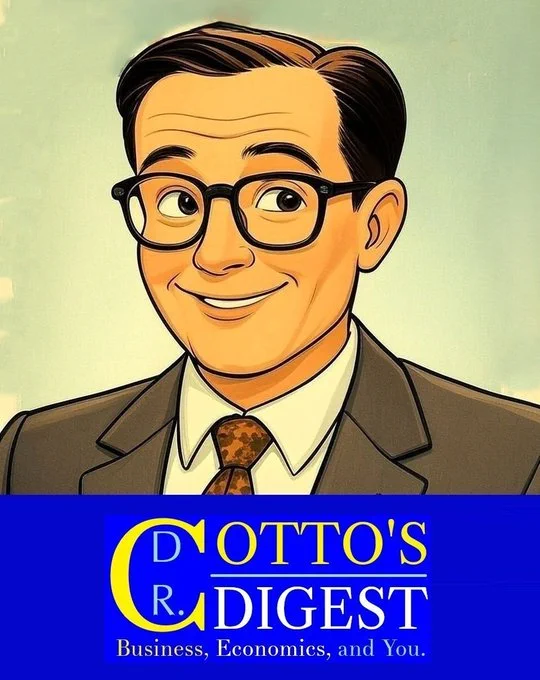 Cartoon portrait of a smiling Dr. Joseph Ford Cotto wearing a suit and glasses, positioned above the logo for his newsletter 'Dr. Cotto's Digest' with the slogan "Business, Economics, and You."