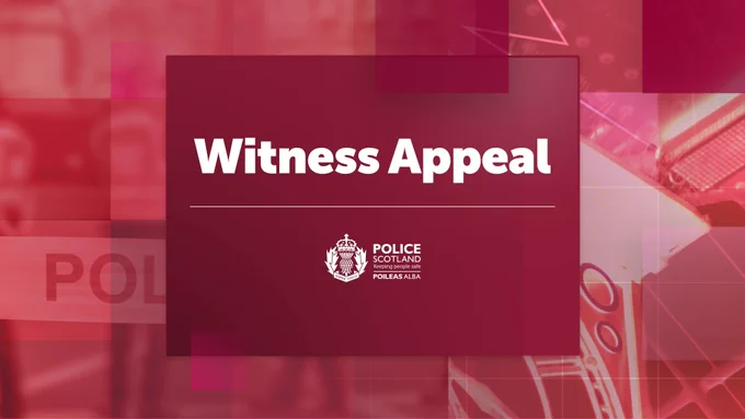 Red Police Scotland graphic displaying the words ‘Witness Appeal’, with abstract layered shapes in the background and the Police Scotland logo.