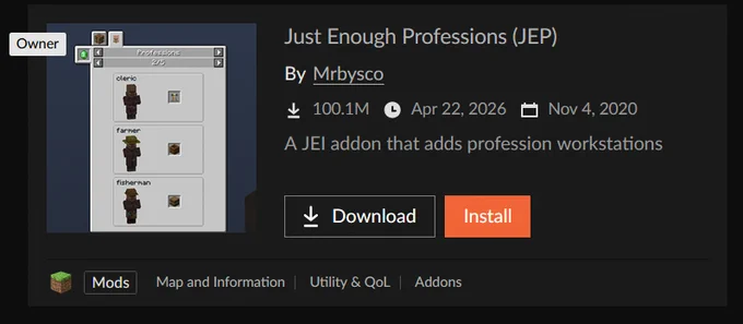 Screenshot of Mrbysco's profile page showing Just Enough Professions having 100.1M downloads