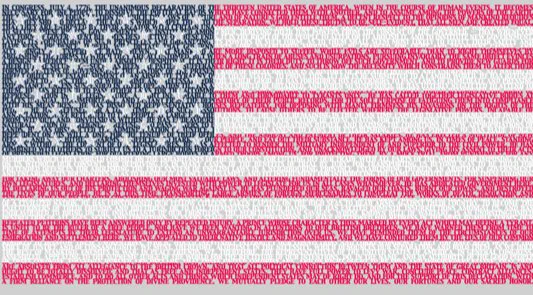 Graphic of the American flag entirely formed by the superimposed text of the United States Constitution, creating the stars, stripes, and canton out of the document's opening words.