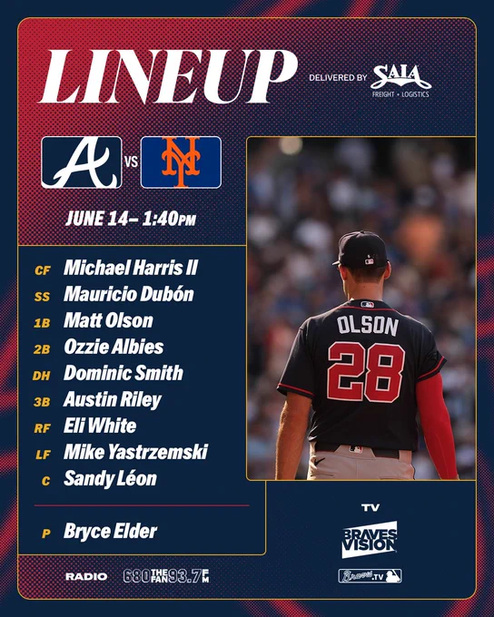 Harris II, Dubón, Olson, Albies, Smith, Riley, White, Yastrzemski, Léon. Elder on the mound.