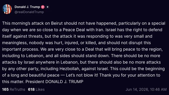 Chart: Trump äußert sich zum israelischen Angriff auf Beirut von heute Morgen.