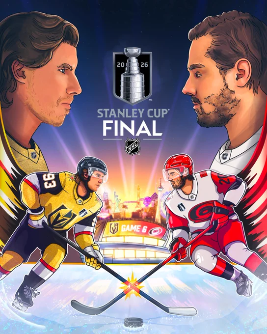 Artwork with the Stanley Cup Final logo in the middle. Below is Mitch Marner in a Vegas Golden Knights uniform on the left, and Sebastian Aho in a Carolina Hurricanes uniform on the right. 