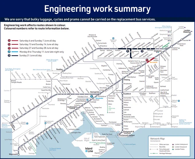 Planned engineering works are taking place on the South Western Railway Network from Saturday 13 to Sunday 14 June.

The New Malden area will be affected.

For full information, please check our website:
https://www.southwesternrailway.com/plan-my-journey/planned-improvements/june-2026-works